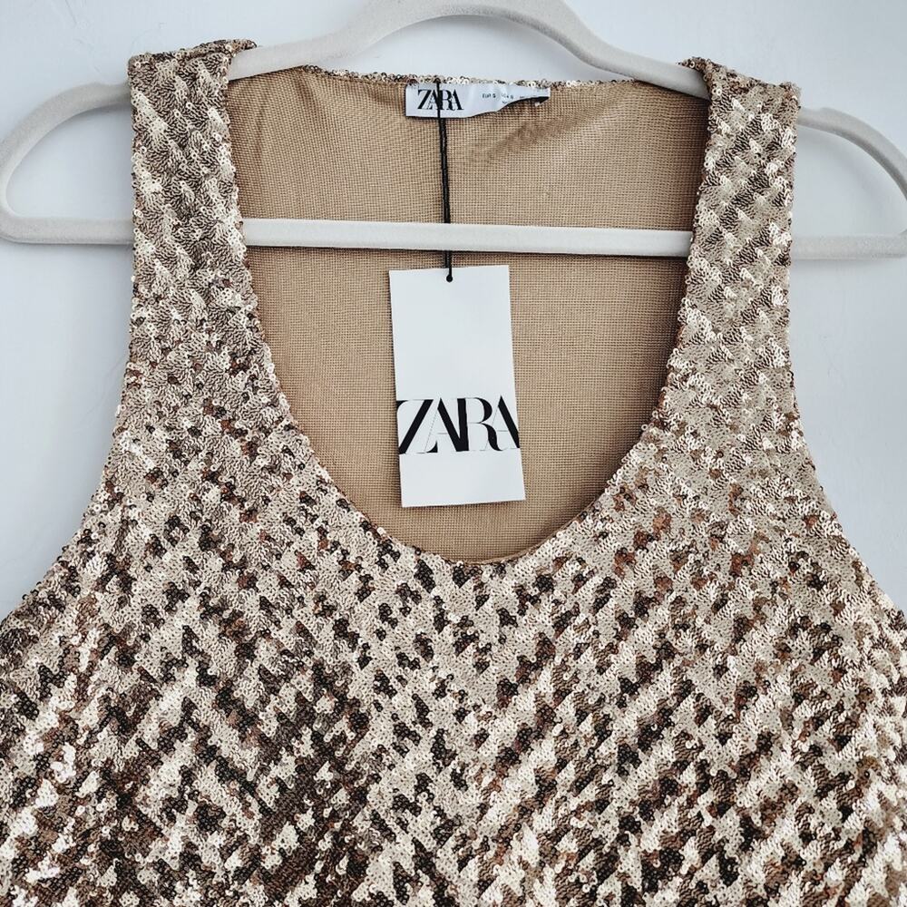 Zara Gold Sequin Sleeveless A-Line Mini Dress Scoopneck Sleeveless Size Small - Picture 7 of 10